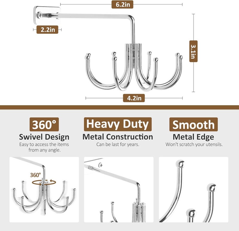 ZEDODIER Kitchen Cooking Utensil Holder, 360° Rotating Kitchen Hooks for Hanging Utensils, Heavy Duty Metal Utensil Rack with 8 Storage Capacity for Utensil, Towel, Pot, Glove, Aprons, Silver - Image 5
